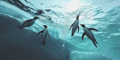 Obraz premium Penguins sliding on ice and diving for fish, Antarctic landscape, crystal clear water