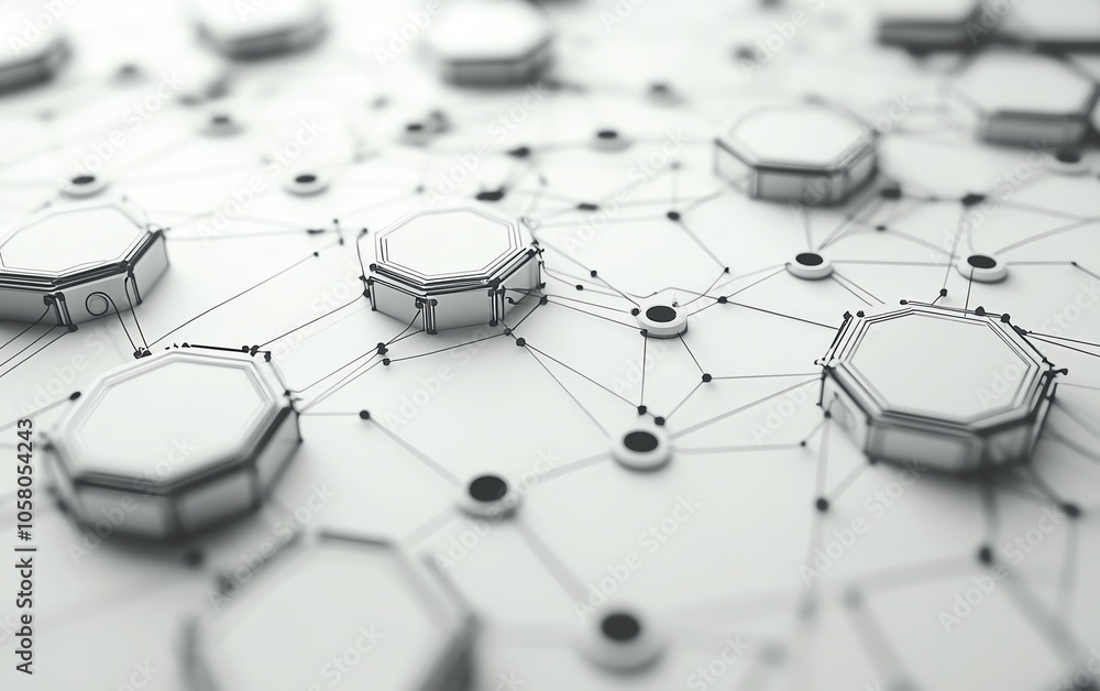 Poster sophisticated abstract background composed of hexagons and connecting dots, representing technologic