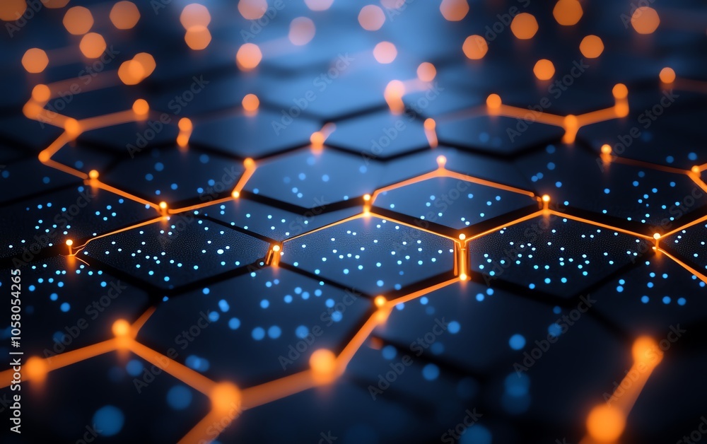 Poster sophisticated abstract background composed of hexagons and connecting dots, representing technologic