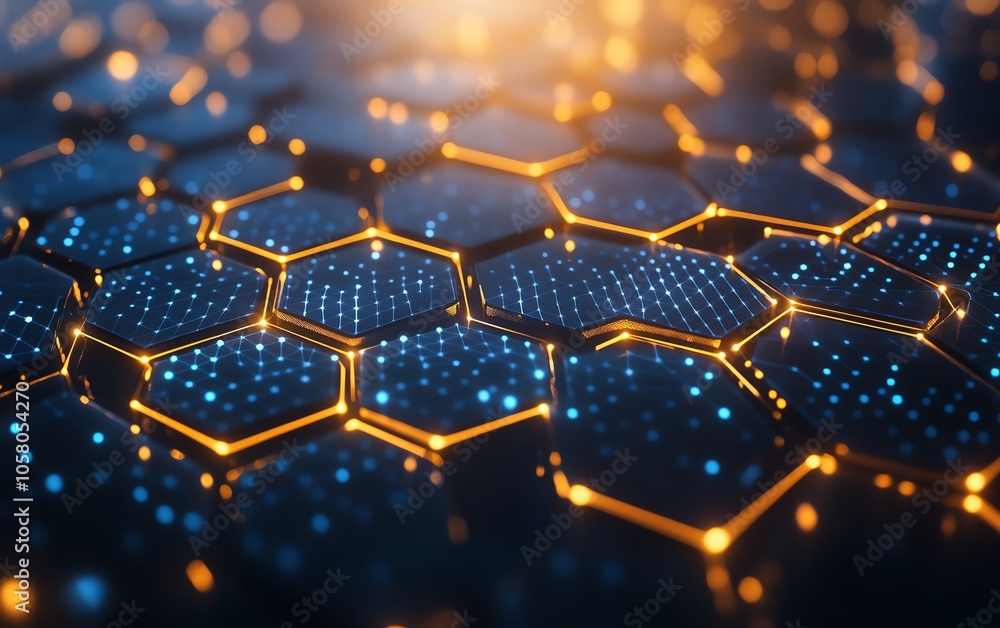 Poster sophisticated abstract background composed of hexagons and connecting dots, representing technologic