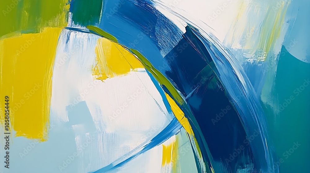 Poster vivid abstract art painting in dynamic blue and yellow brush strokes on canvas : generative ai