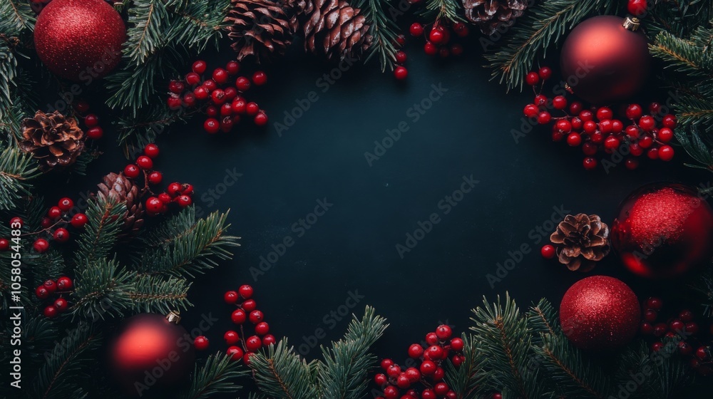 Poster a flatlay image of a dark blue background with red ornaments, evergreen pine branches, and pinecones