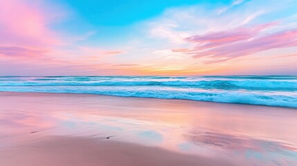 Vibrant sunset over a tranquil beach with pastel skies and gentle waves, AI