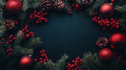 A flatlay image of a dark blue background with red ornaments, evergreen pine branches, and pinecones. Red berries are scattered around the edge of the image.