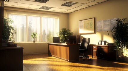 Fototapeta premium Sunlit Contemporary Office Interior Featuring Wooden Furniture and Bright Green Plants : Generative AI