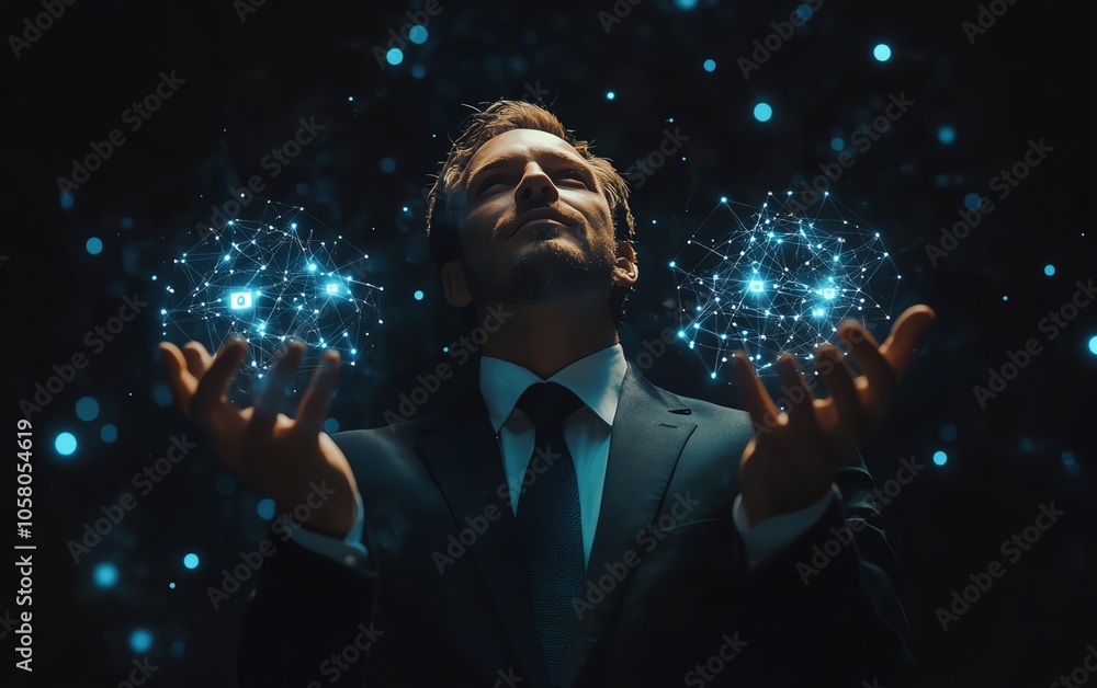 Poster stylish artwork of a businessman with a global network map in one hand and social media icons in the