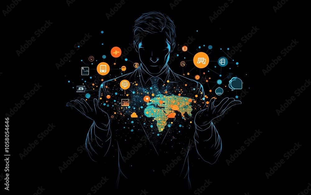 Poster stylish artwork of a businessman with a global network map in one hand and social media icons in the