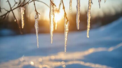 Icicles hanging from a tree branch with the sun setting in the background, casting a warm glow on the snow.