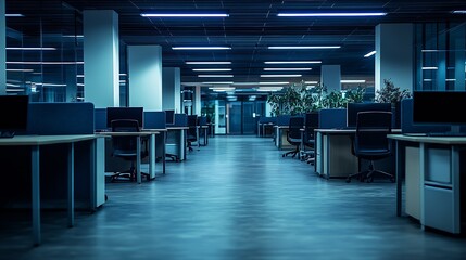 Contemporary Office Environment with Desks and Technology in Cool Blue Tone : Generative AI
