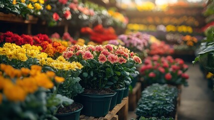 Colorful potted flowers in a nursery.