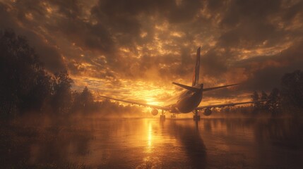 Fototapeta premium Stunning airplane at sunrise over misty runway: dramatic sky and reflective scene