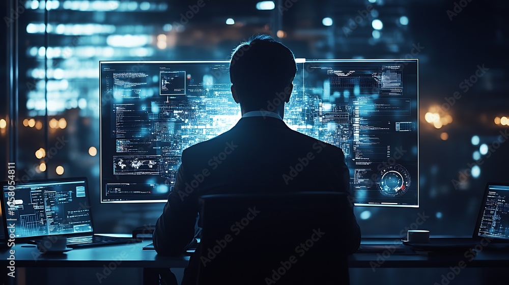 Poster professional reviewing digital data on innovative screens in modern work environment : generative ai