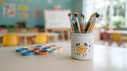 Creative classroom: paintbrushes in jar with art supplies and blurred background
