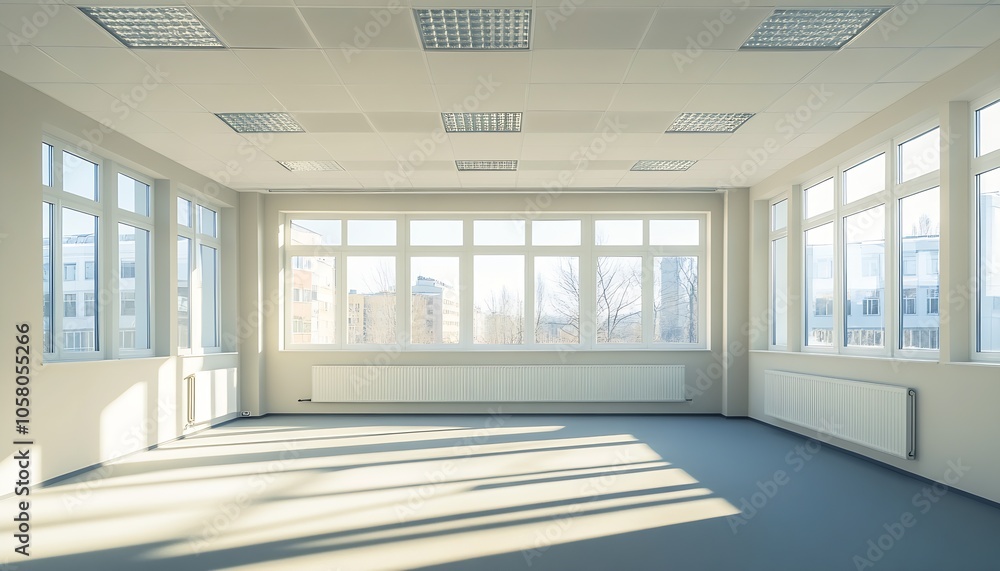Poster modern office with abundant sunlight and panoramic cityscape windows : generative ai
