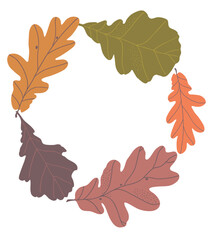 Oak leaves round frame with copy space. Autumn colors leaves illustration in flat style.