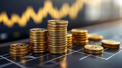 Pile of Golden Bitcoins on a Graph Illustrating Cryptocurrency Market Trends and Profitable Investments : Generative AI