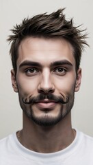 Obraz premium Portrait of a young man with a stylish handlebar mustache, looking directly at the camera with a confident smile, showcasing unique facial hair style. 