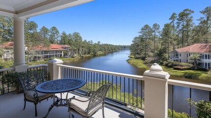 Fototapeta premium Enjoy the serene view of a sparkling blue river framed by lush trees and homes on a sunny day in Florida