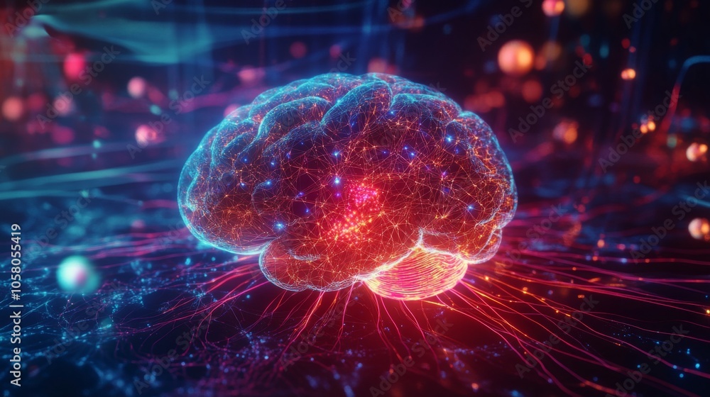 Poster This artwork features a glowing brain with intricate neural pathways radiating energy, set against a dark background that highlights its vibrant colors and complexity of cognition.