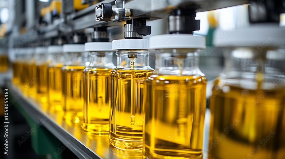 Poster automated bottling line in modern oil production factory : generative ai