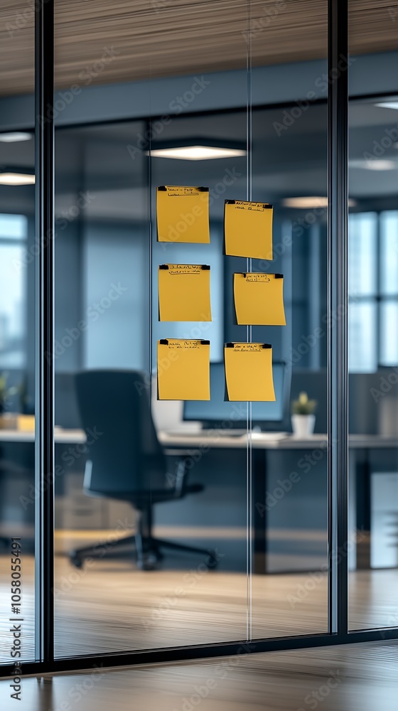 Poster Sleek Office Environment with Cluster of Sticky Notes for Team Planning and Strategy : Generative AI