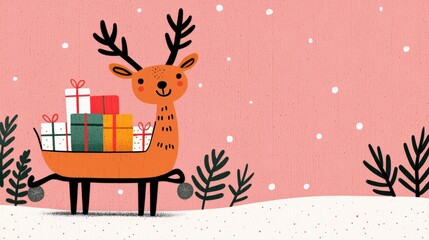 Fototapeta premium Cute reindeer with gifts in festive snowy scene