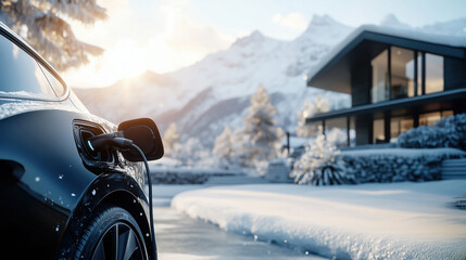 A close-up of a black electric car charging in front of a modern house in the mountains