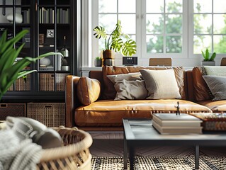 Modern Interior of Stylish Living Room ,Wall Mock Up, Frame , Poster with Beautiful Background, 3d render