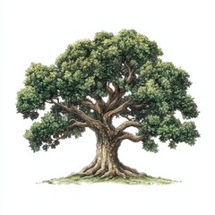 Detailed illustration of a majestic tree with lush green foliage on a white isolated background.