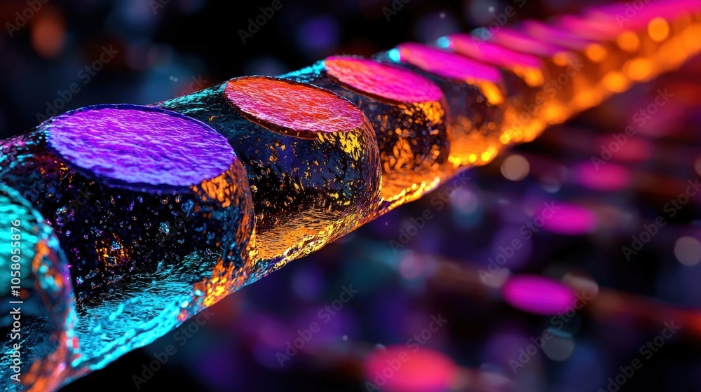 Poster vibrant abstract neon tubes with colorful textured circular patterns