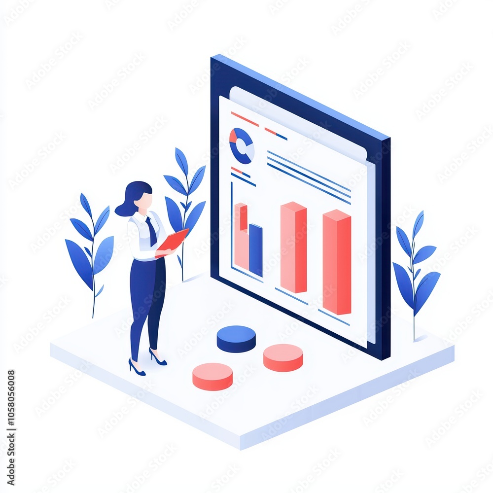 Poster female analyst reviewing data on a digital screen with bar charts and graphs in a modern workspace.