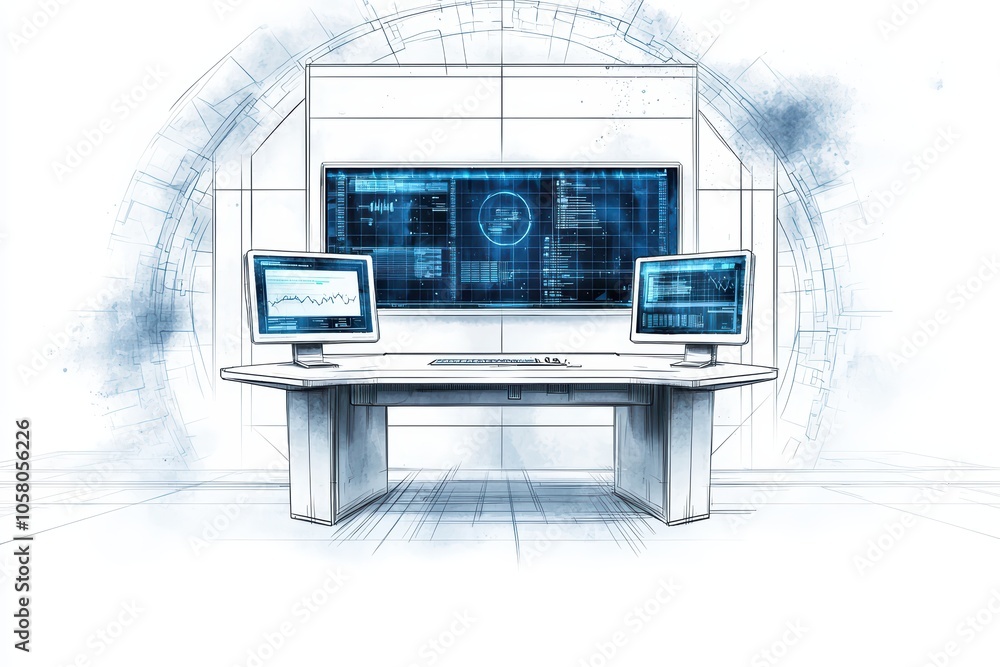 Poster futuristic office workspace with dual monitors showcasing data analytics on a white isolated backgro