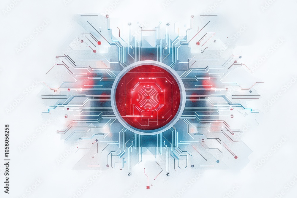 Poster futuristic red button surrounded by circuit board design on a white background.