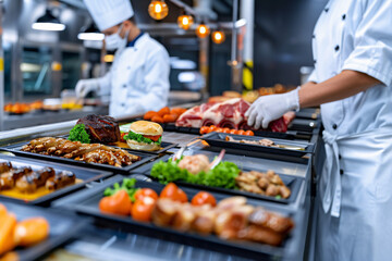 Obraz premium a modern food factory production line, featuring automated machines preparing meat products