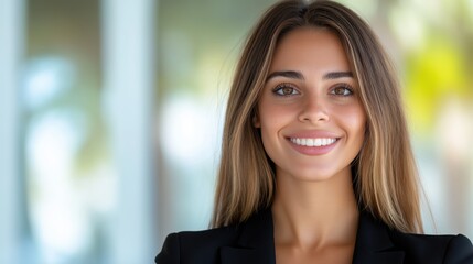 Fototapeta premium Confident businesswoman smiling in modern office setting