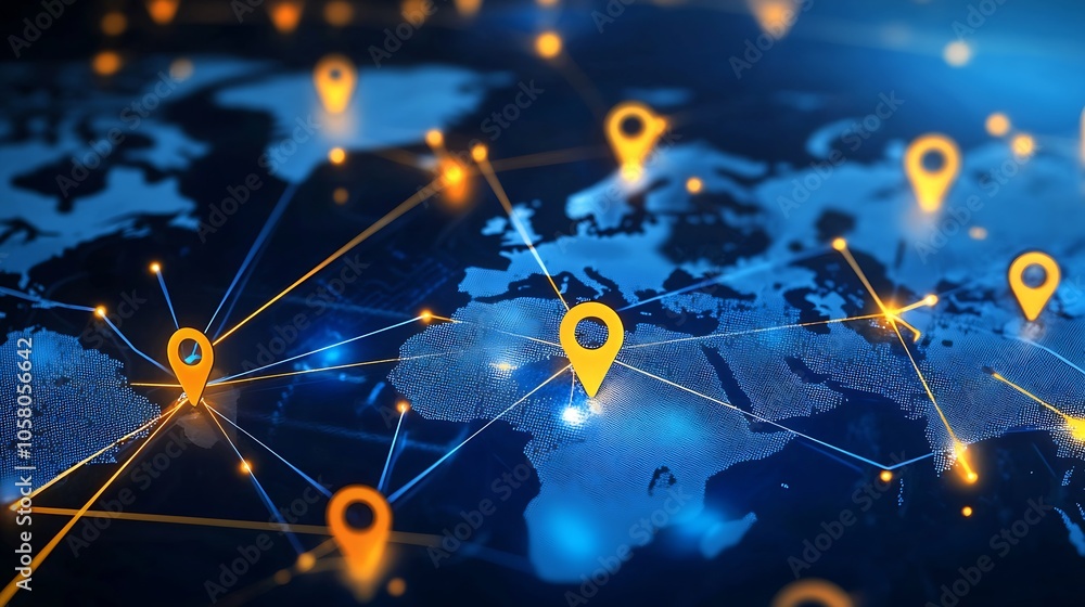 Poster Global Connectivity Concept with Network Location Markers on World Map : Generative AI