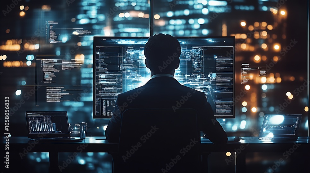 Aufkleber IT Specialist Working on Complex Coding Projects at Night in Urban Office : Generative AI