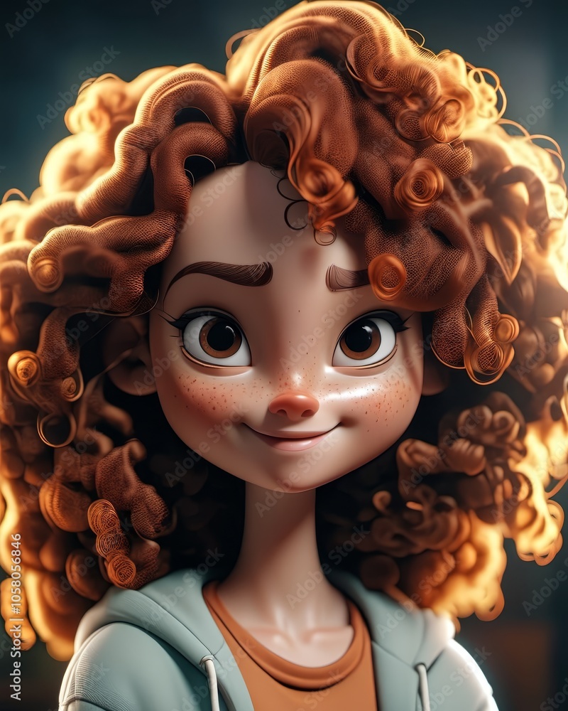 Poster charming curly-haired animated character with freckles in warm lighting