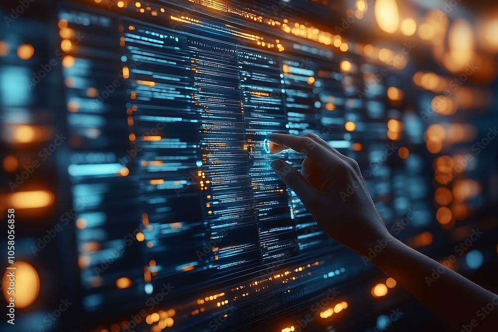 Aufkleber Futuristic Interactive Touchscreen with Data Streams in a Dimly Lit Technology Space : Generative AI