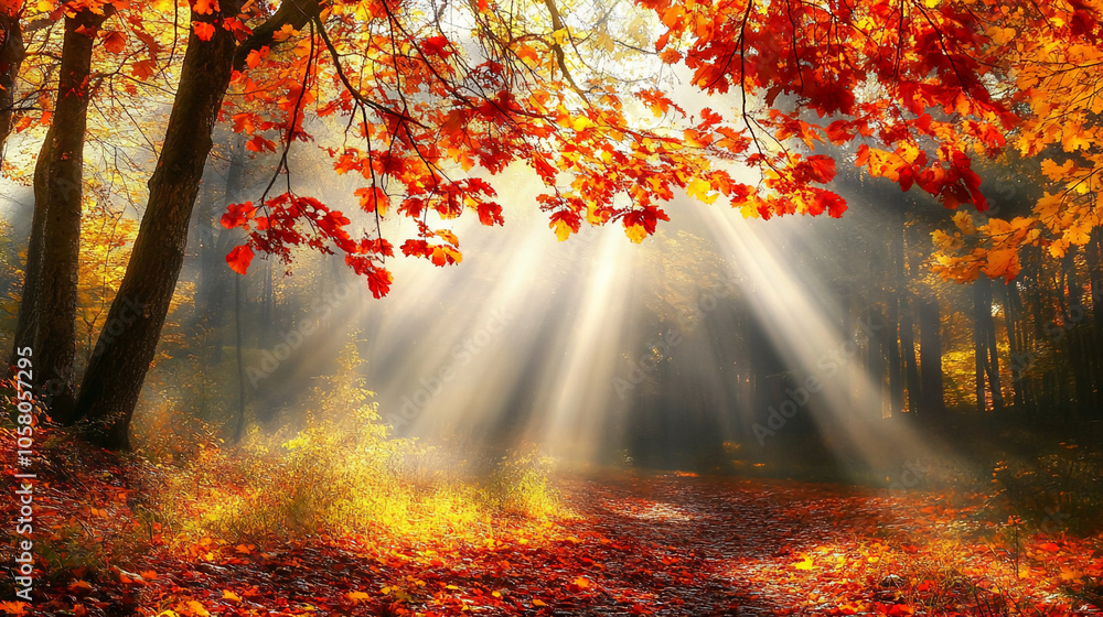 Poster Sunlight streams through the trees in a colorful autumn forest