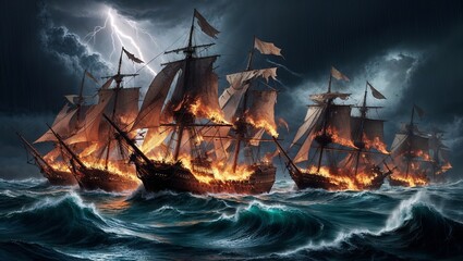 Obraz premium A fleet of old ships ablaze on stormy seas during a dramatic battle, with lightning illuminating the intense, fiery scene. 