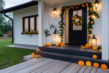 a front door beautifully decorated for Diwali, adorned with warm, glowing diyas and garlands of marigold flowers