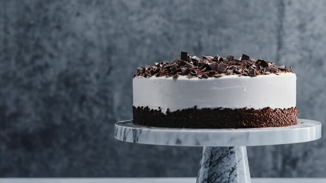 Delicious chocolate cake on a marble stand against a textured gray background in a well-lit setting