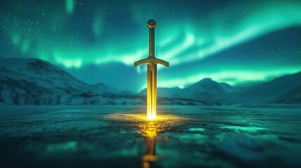 Naklejka premium A golden sword illuminated by a soft glow against a backdrop of vibrant northern lights.