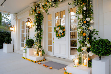 a front door beautifully decorated for Diwali, adorned with warm, glowing diyas and garlands of marigold flowers