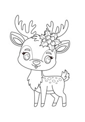 Cute Christmas deer. Christmas doodle book coloring page. Outline black and white illustration.