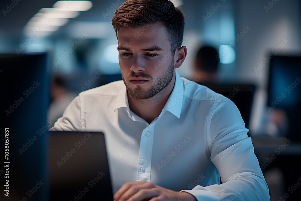 Poster young professional man concentrating on digital task in modern office setting : generative ai