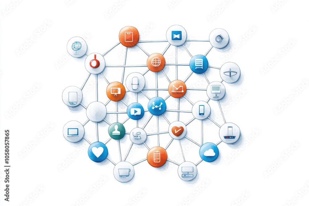 Poster network of colorful icons representing digital connections and technology concepts on white backgrou