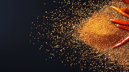 Minimalist flat lay of chili powder and raw chili arranged diagonally, black background, lots of negative space for customizable text