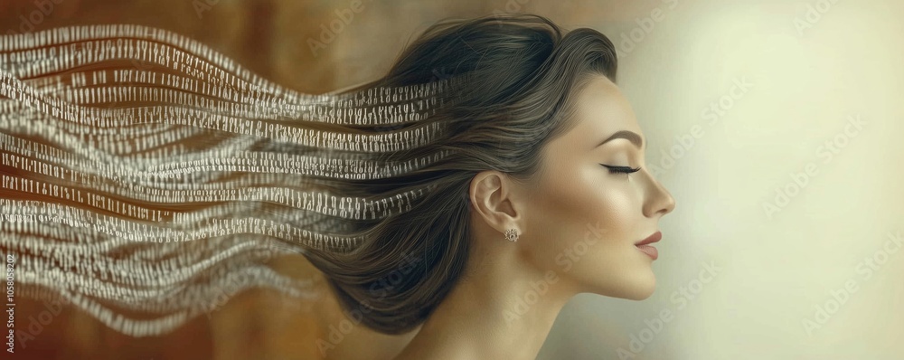 Poster elegant woman with flowing hair and binary code elements representing digital transformation concept